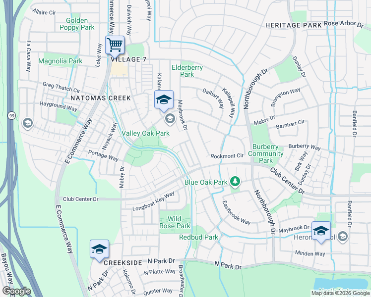 map of restaurants, bars, coffee shops, grocery stores, and more near 2727 Bronco Creek Way in Sacramento