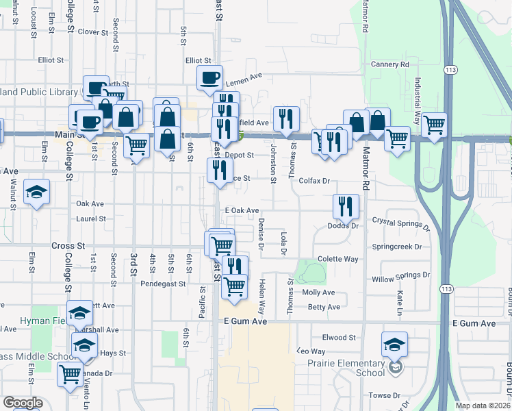 map of restaurants, bars, coffee shops, grocery stores, and more near 1263 East Oak Avenue in Woodland