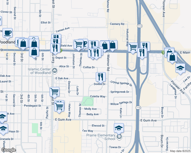 map of restaurants, bars, coffee shops, grocery stores, and more near 540 Geoffrey Street in Woodland
