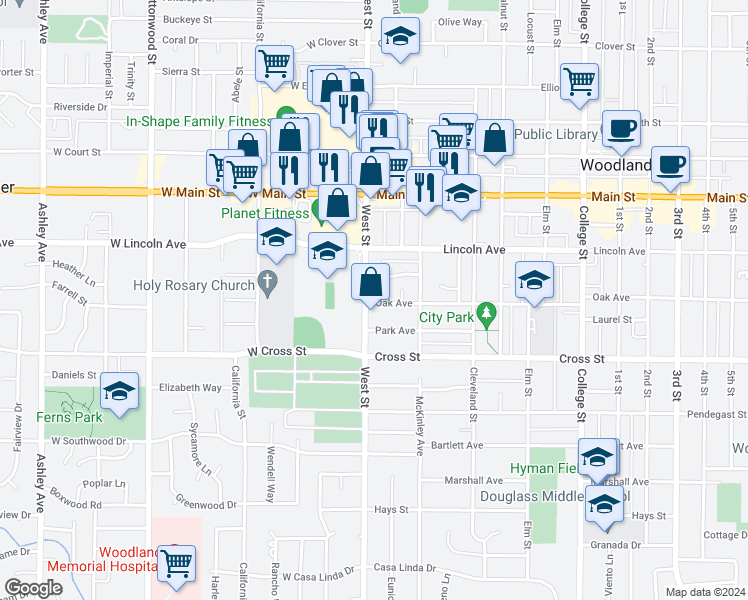 map of restaurants, bars, coffee shops, grocery stores, and more near 12 Jefferson Street in Woodland