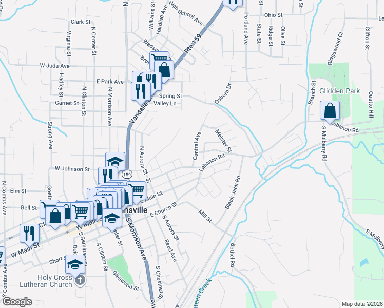 map of restaurants, bars, coffee shops, grocery stores, and more near 309 Central Avenue in Collinsville