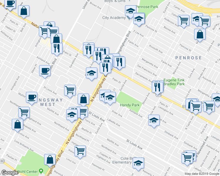 map of restaurants, bars, coffee shops, grocery stores, and more near 3347 Aubert Avenue in St. Louis