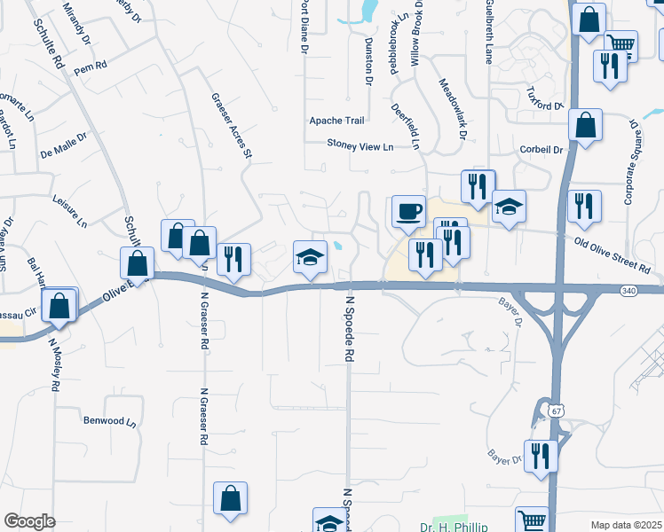 map of restaurants, bars, coffee shops, grocery stores, and more near 917 North Spoede Road in St. Louis