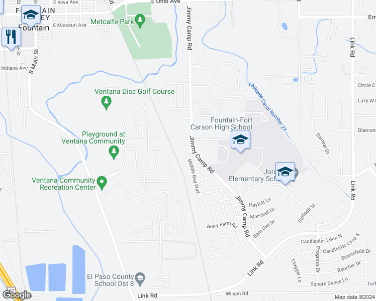 map of restaurants, bars, coffee shops, grocery stores, and more near 7548 Middle Bay Way in Fountain