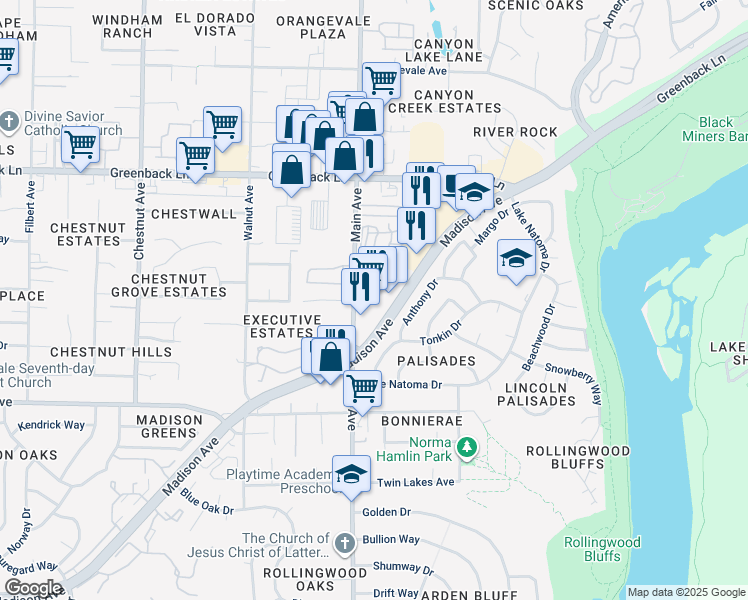 map of restaurants, bars, coffee shops, grocery stores, and more near 6000 Main Avenue in Orangevale