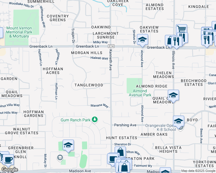 map of restaurants, bars, coffee shops, grocery stores, and more near 8461 Bonita Downs Drive in Fair Oaks
