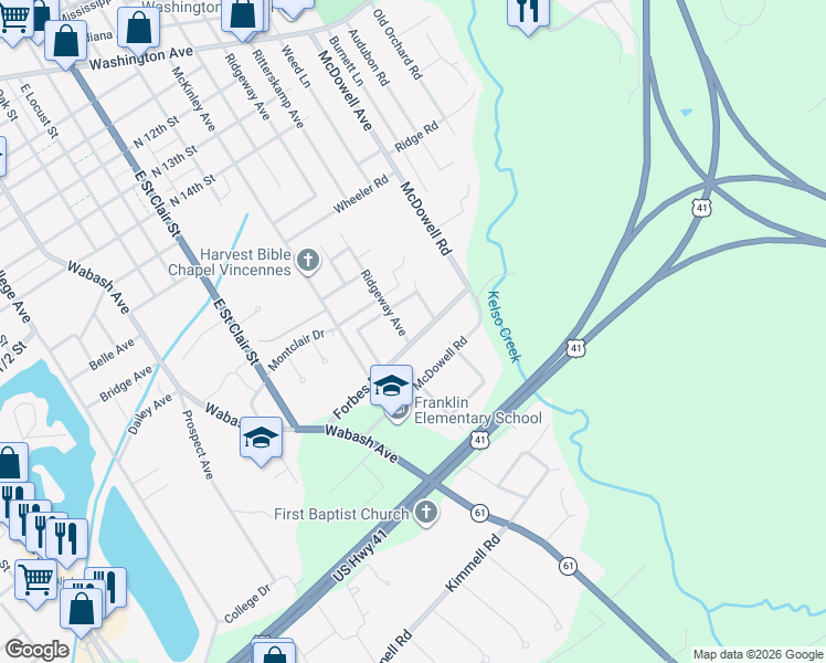 map of restaurants, bars, coffee shops, grocery stores, and more near 2008 Ridgeway Avenue in Vincennes