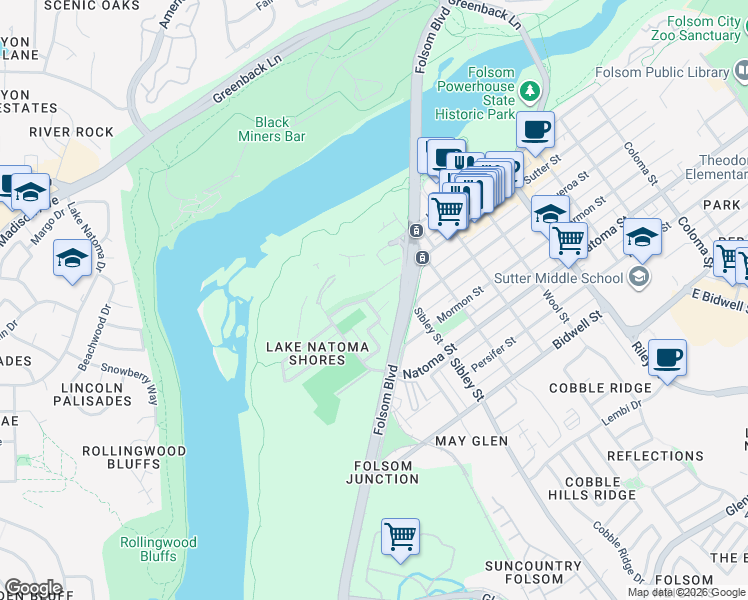 map of restaurants, bars, coffee shops, grocery stores, and more near 1104 Sutter Street in Folsom