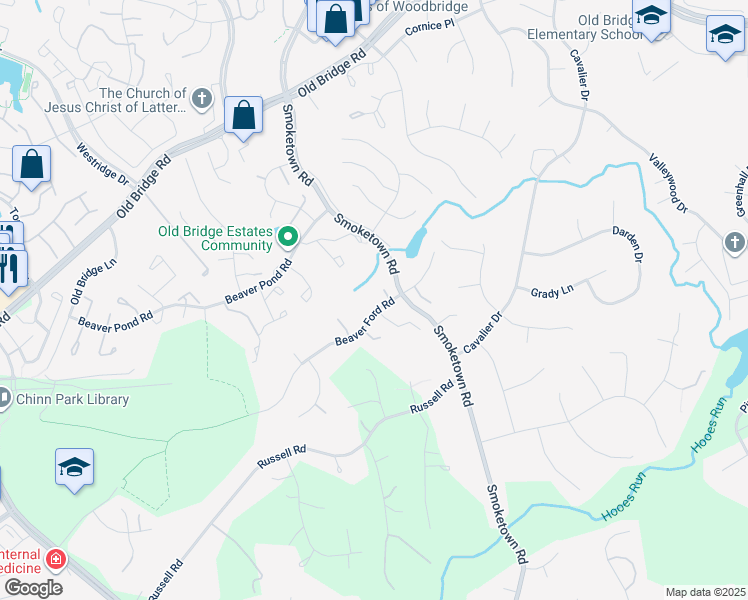 map of restaurants, bars, coffee shops, grocery stores, and more near 3512 Beaver Ford Road in Woodbridge