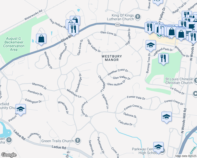 map of restaurants, bars, coffee shops, grocery stores, and more near 295 Chateaugay Lane in Chesterfield