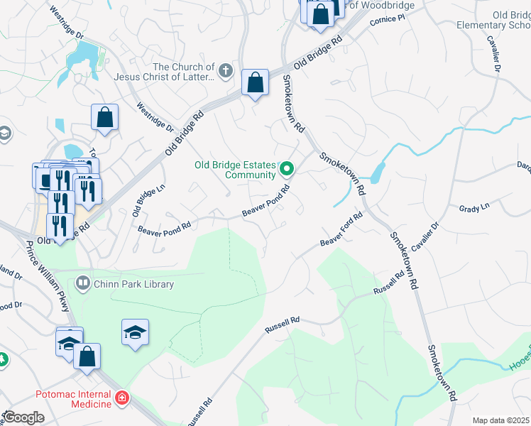 map of restaurants, bars, coffee shops, grocery stores, and more near 12702 Adair Lane in Woodbridge