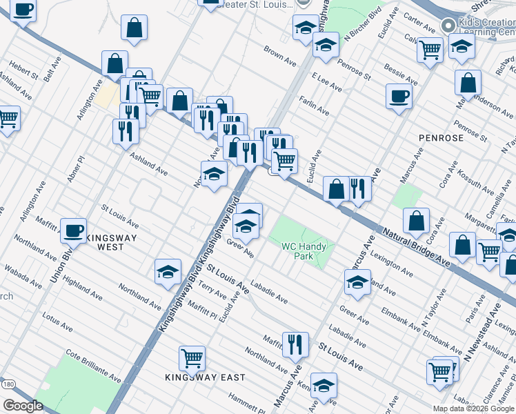 map of restaurants, bars, coffee shops, grocery stores, and more near 3347 Aubert Avenue in St. Louis