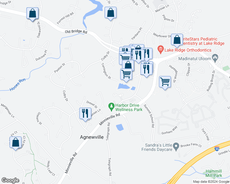 map of restaurants, bars, coffee shops, grocery stores, and more near 12803 Mill Brook Court in Woodbridge