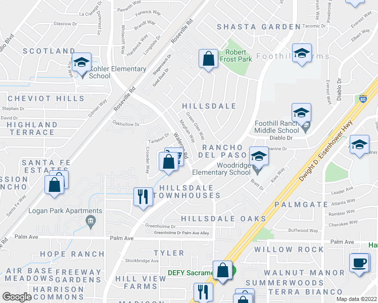map of restaurants, bars, coffee shops, grocery stores, and more near 5900 Walerga Road in Sacramento