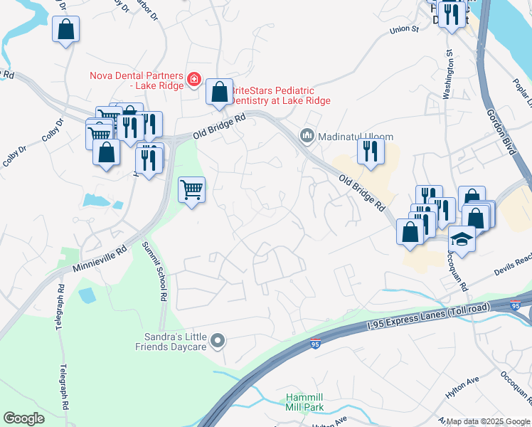 map of restaurants, bars, coffee shops, grocery stores, and more near 12838 Tumbling Brook Lane in Woodbridge