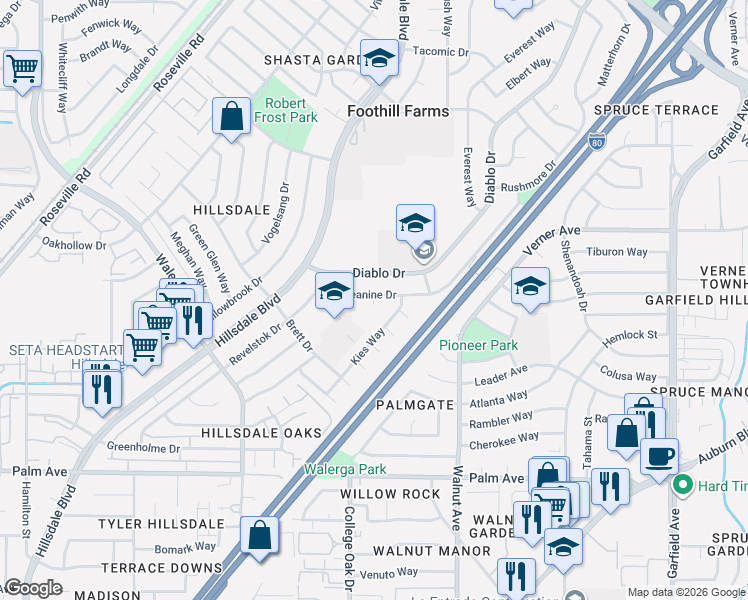 map of restaurants, bars, coffee shops, grocery stores, and more near 5947 Jeanine Drive in Sacramento