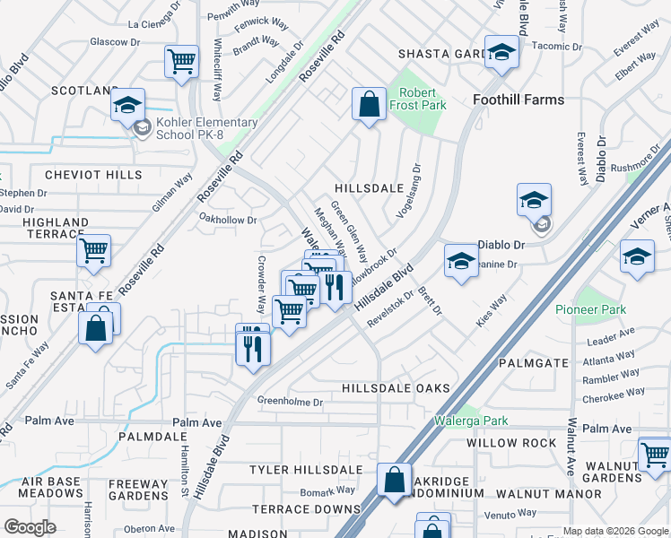 map of restaurants, bars, coffee shops, grocery stores, and more near 5900 Walerga Road in Sacramento