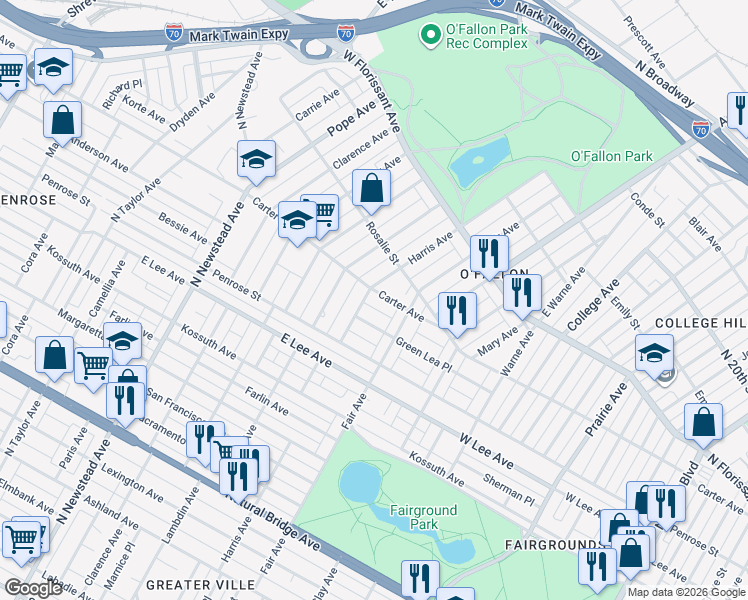 map of restaurants, bars, coffee shops, grocery stores, and more near 4145 Carter Avenue in St. Louis