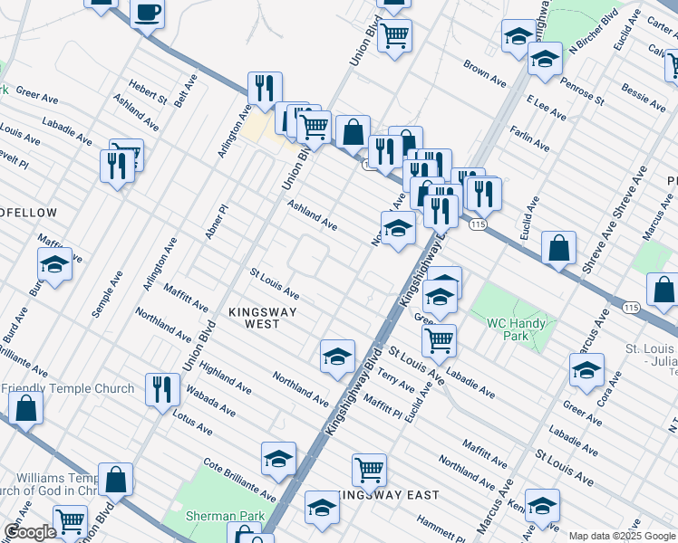 map of restaurants, bars, coffee shops, grocery stores, and more near 5117 Greer Avenue in St. Louis