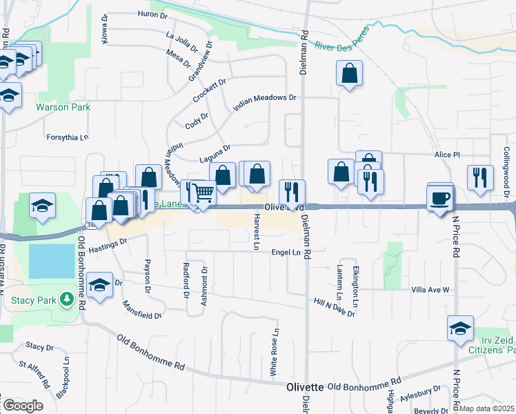 map of restaurants, bars, coffee shops, grocery stores, and more near 9433 Olive Boulevard in Olivette