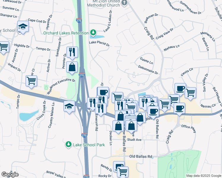 map of restaurants, bars, coffee shops, grocery stores, and more near 1007 East Rue De La Banque in Creve Coeur