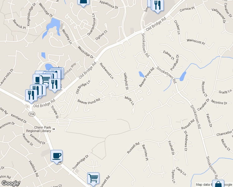 map of restaurants, bars, coffee shops, grocery stores, and more near 12834 Bison Court in Woodbridge