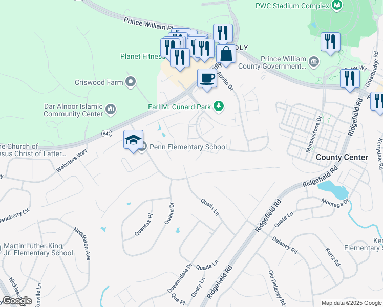 map of restaurants, bars, coffee shops, grocery stores, and more near 5191 Salt Pond Place in Woodbridge