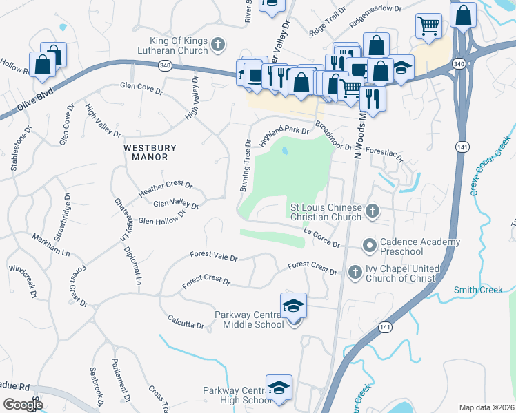 map of restaurants, bars, coffee shops, grocery stores, and more near 116 Del Monte Court in Chesterfield