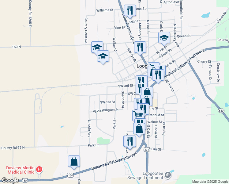 map of restaurants, bars, coffee shops, grocery stores, and more near 500 Southwest 2nd Street in Loogootee