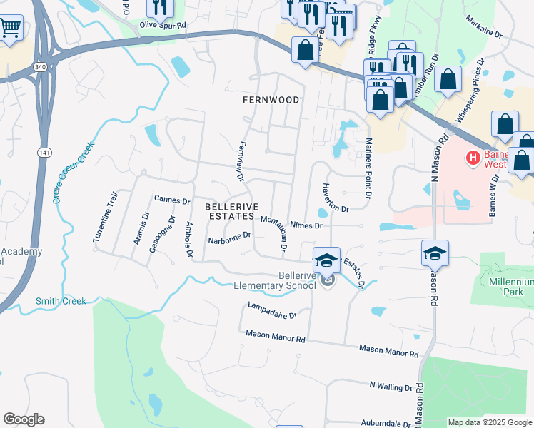 map of restaurants, bars, coffee shops, grocery stores, and more near 809 Ariege Drive in Creve Coeur