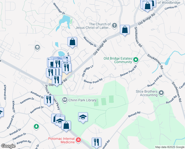 map of restaurants, bars, coffee shops, grocery stores, and more near 12804 Evansport Place in Woodbridge