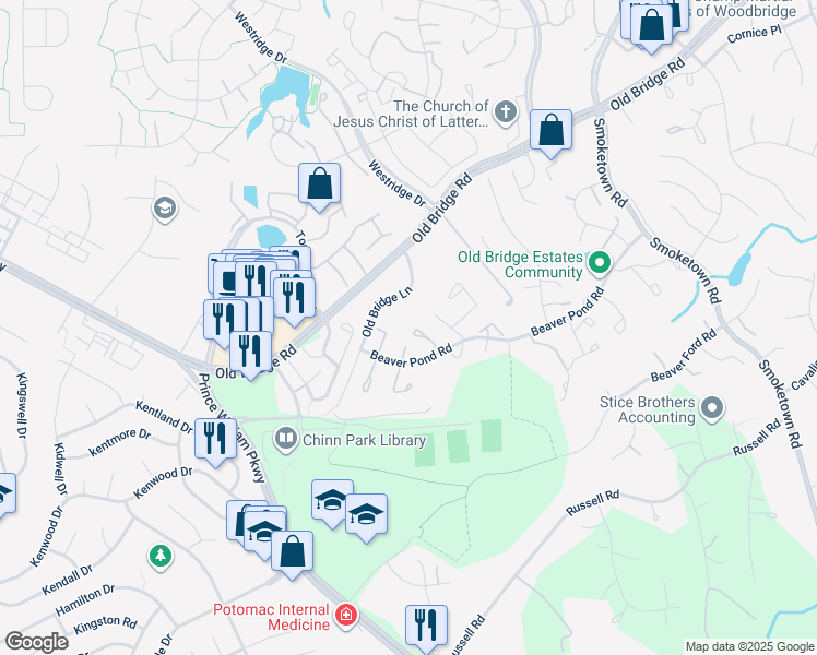 map of restaurants, bars, coffee shops, grocery stores, and more near 12804 Evansport Place in Woodbridge