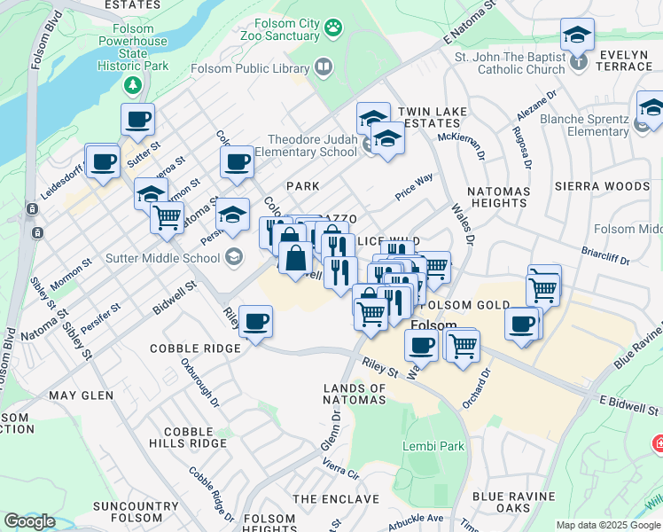 map of restaurants, bars, coffee shops, grocery stores, and more near 950 Duchow Way in Folsom