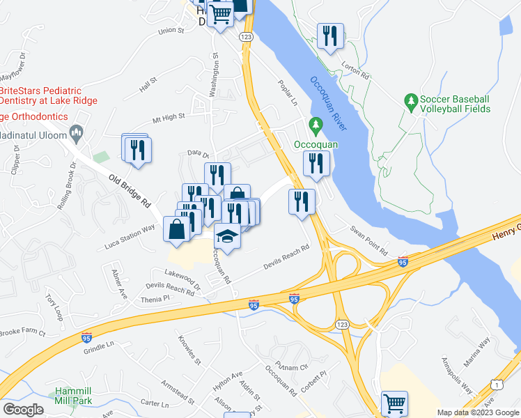 map of restaurants, bars, coffee shops, grocery stores, and more near 1365 Old Bridge Rd in Woodbridge