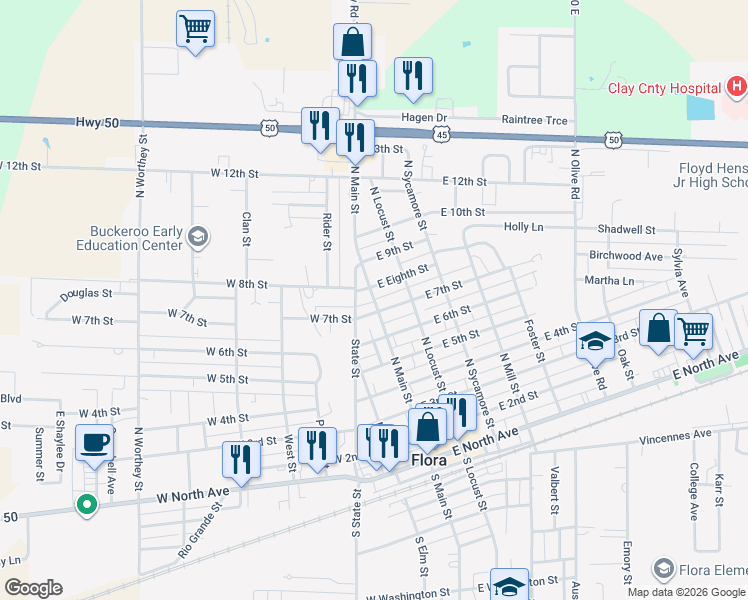 map of restaurants, bars, coffee shops, grocery stores, and more near 749 North Main Street in Flora