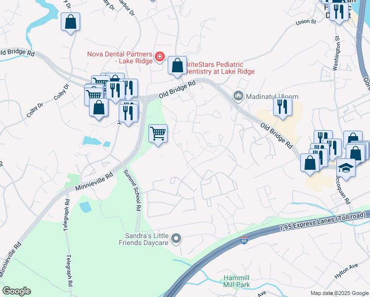 map of restaurants, bars, coffee shops, grocery stores, and more near 2092 Bowline Loop in Woodbridge