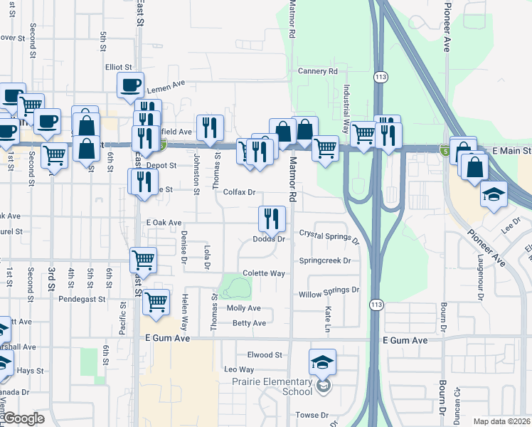 map of restaurants, bars, coffee shops, grocery stores, and more near 540 Geoffrey Street in Woodland