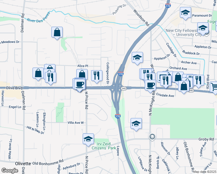 map of restaurants, bars, coffee shops, grocery stores, and more near 9005 Missouri 340 in Olivette