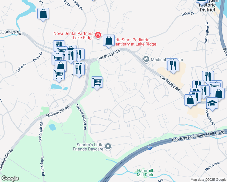 map of restaurants, bars, coffee shops, grocery stores, and more near 2092 Bowline Loop in Woodbridge