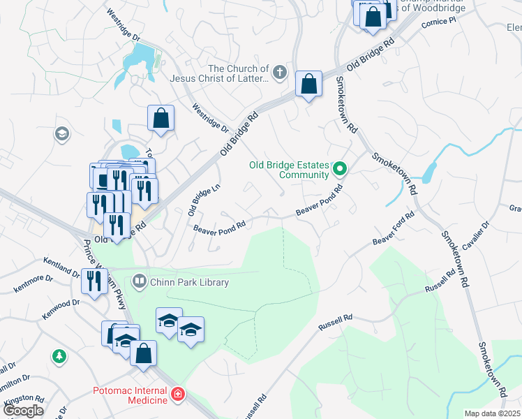 map of restaurants, bars, coffee shops, grocery stores, and more near 12874 Bison Court in Woodbridge