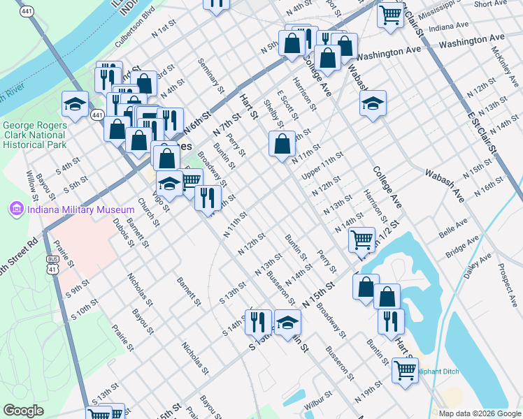 map of restaurants, bars, coffee shops, grocery stores, and more near 1117 Perry Street in Vincennes