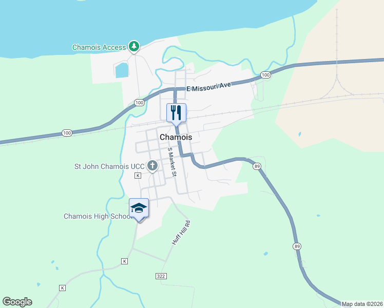 map of restaurants, bars, coffee shops, grocery stores, and more near Missouri 89 in Chamois