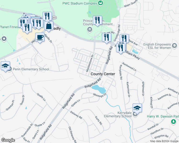 map of restaurants, bars, coffee shops, grocery stores, and more near 5087 Anchorstone Drive in Woodbridge