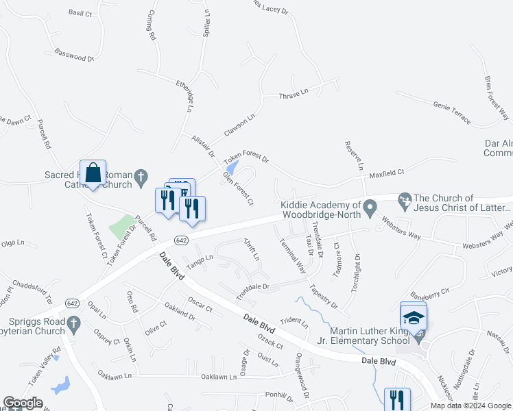 map of restaurants, bars, coffee shops, grocery stores, and more near 12849 Glen Forest Court in Manassas