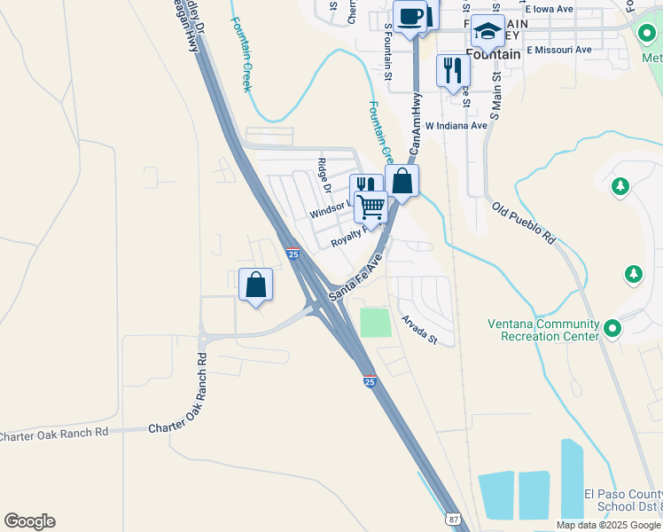 map of restaurants, bars, coffee shops, grocery stores, and more near 505 Royalty Place in Fountain