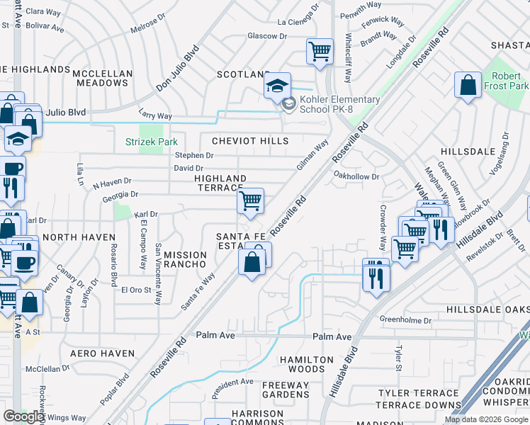 map of restaurants, bars, coffee shops, grocery stores, and more near 5954 Gilman Way in North Highlands