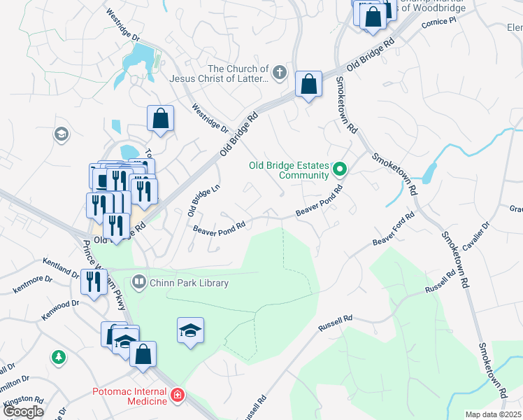 map of restaurants, bars, coffee shops, grocery stores, and more near 12874 Bison Court in Woodbridge
