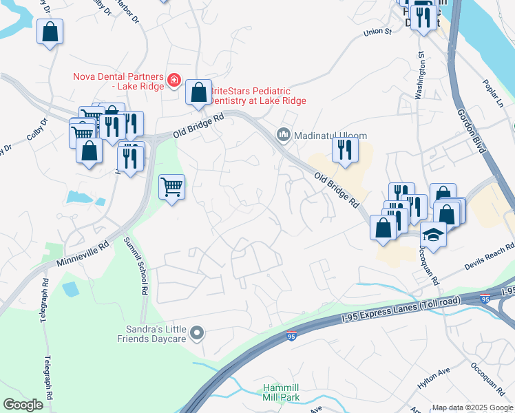 map of restaurants, bars, coffee shops, grocery stores, and more near 12860 Tumbling Brook Lane in Woodbridge