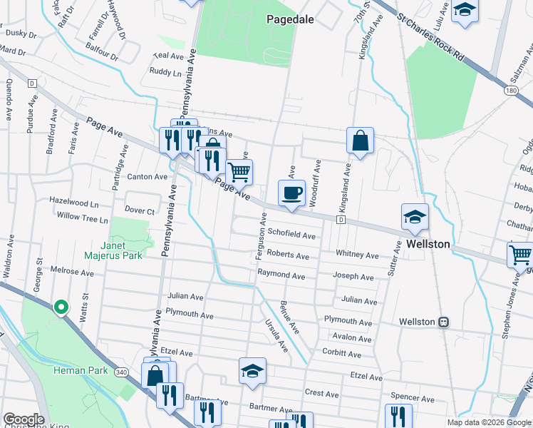 map of restaurants, bars, coffee shops, grocery stores, and more near 6764 Page Avenue in St. Louis
