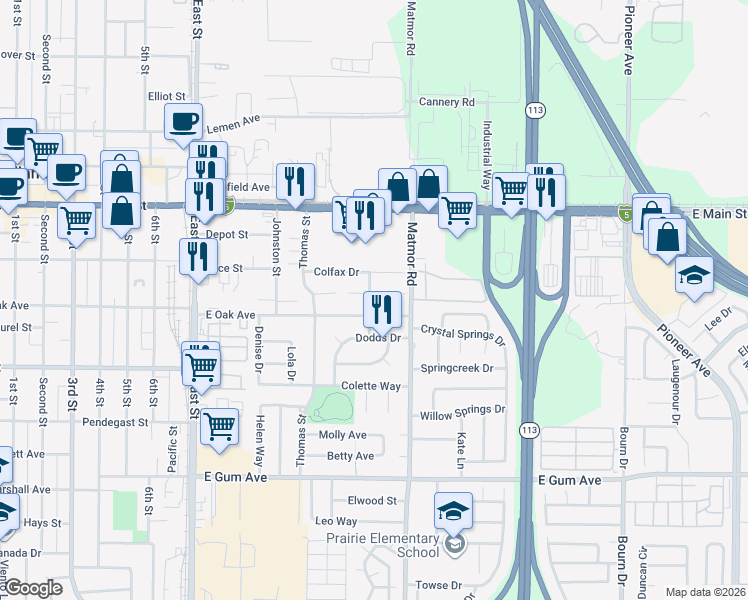 map of restaurants, bars, coffee shops, grocery stores, and more near 540 Geoffrey Street in Woodland